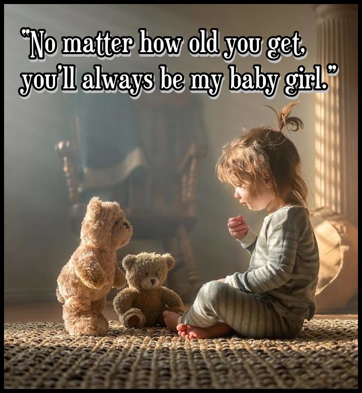 Little girl playing with two teddy bears, Daughter quotes.