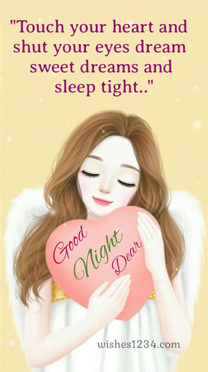 Girl with heart shape pillow in her hand, Good night wishes for Him.