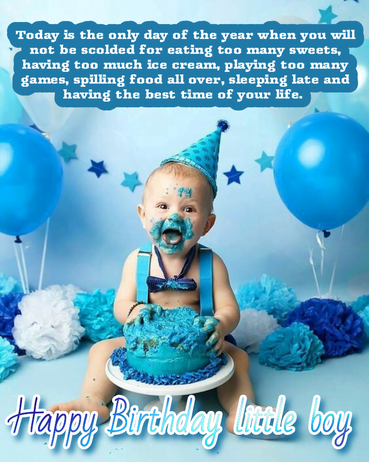 Kid smeared his face with cake, Birthday wishes for kids.