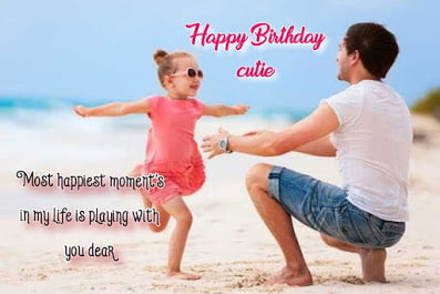 Girl Playing with her father happy moments on beach, Kids birthday wishes