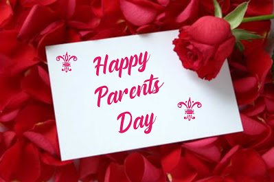 Greeting card in rose petals and with rose, Parents day.