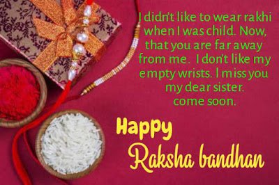 Rakhi with gift,kumkum,rice in background with wishes, Raksha Bandhan Quotes | Happy Rakhi.