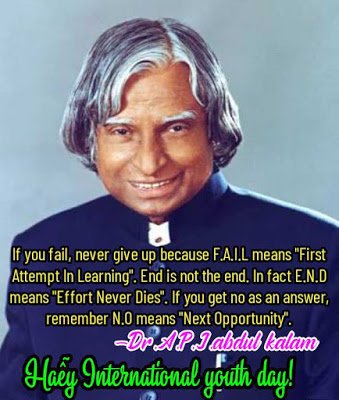 A. P. J. Abdul Kalam with his famous quotes,, International youth day.