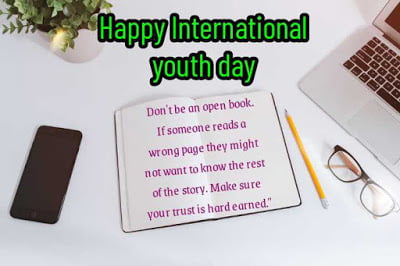 Book, smartphone, laptop and specs image, International youth day.
