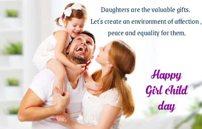 Girl sitting on fathers shoulder playing with mom, Girl child day quotes.