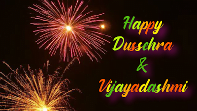 Firework display in night sky, Happy Dussehra and Vijayadashami.