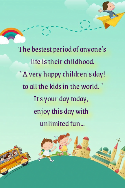 School kids playing on globe, Children's day quotes.