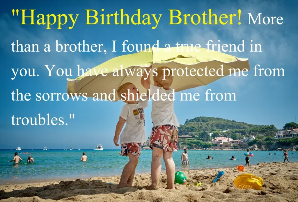 Brother setting umbrella on beach, Happy birthday brother.