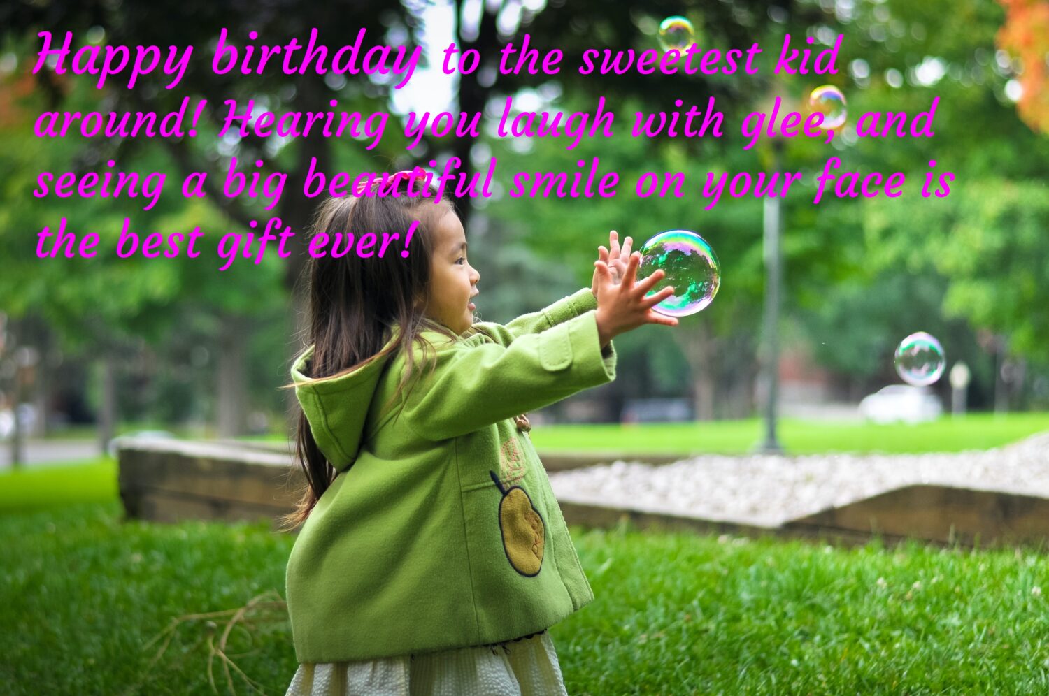 Cute girl playing with bubbles, Kids birthday wishes