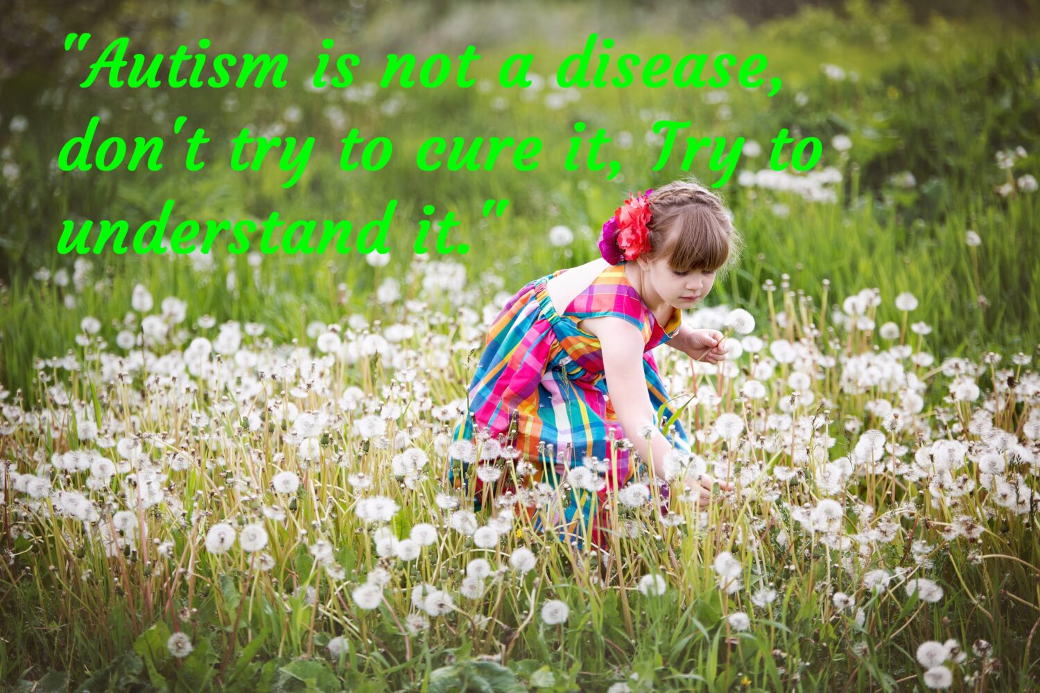 Girl collecting dandelions, Autism Awareness Day.