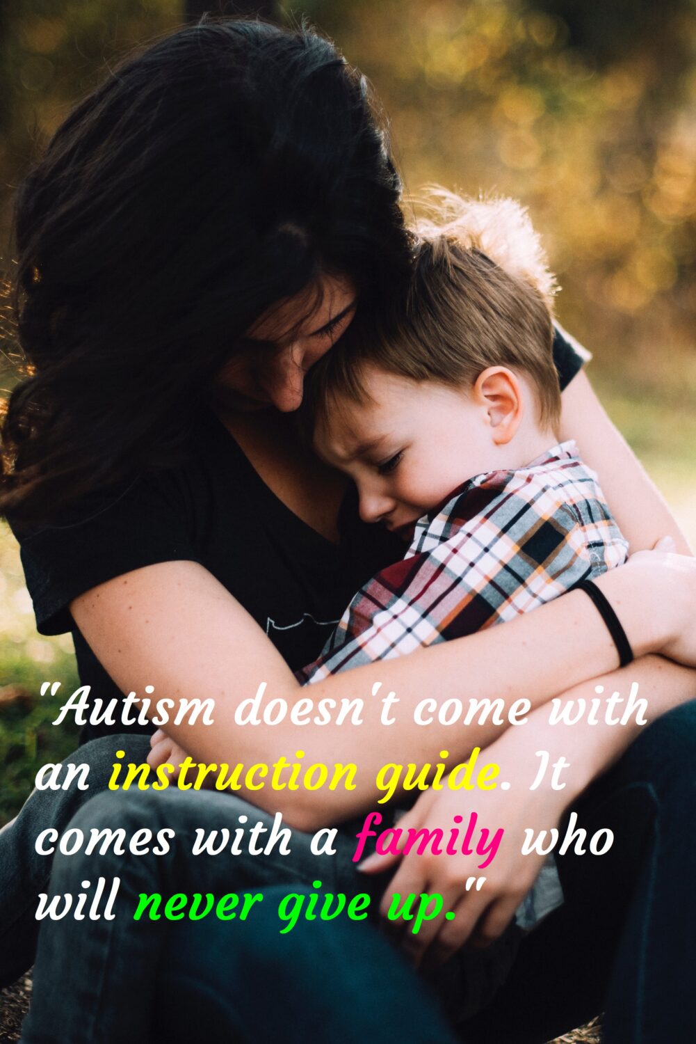 Mom cuddling her crying kid, Autism awareness day.