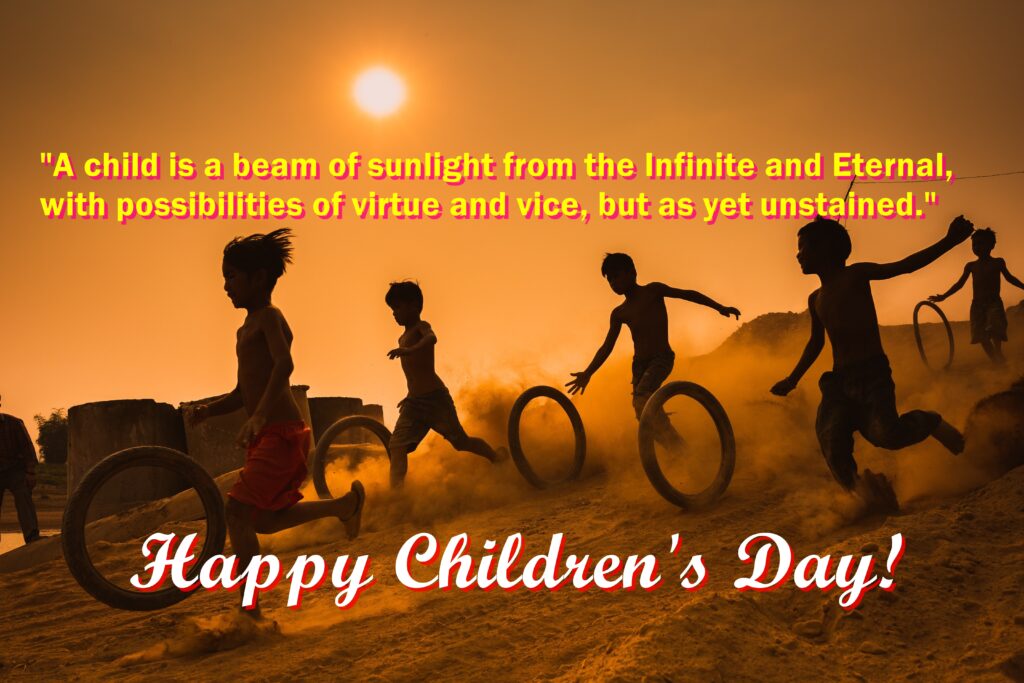 Children playing with cycle tyre, Children's day quotes.