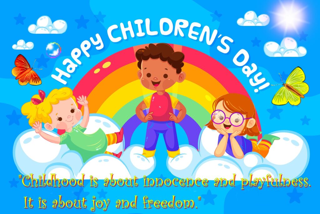 Kids with clouds and butterflies, Children's day quotes.