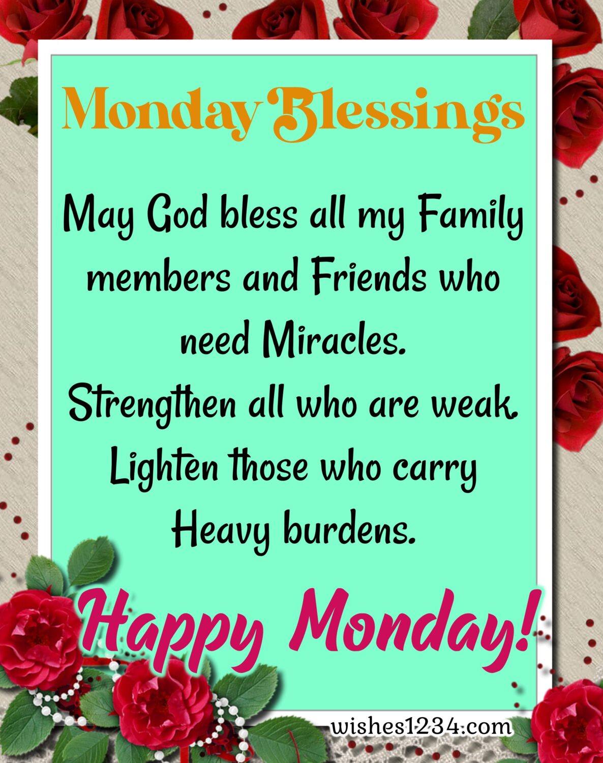 Monday blessings with red roses background, Quotes about Monday.