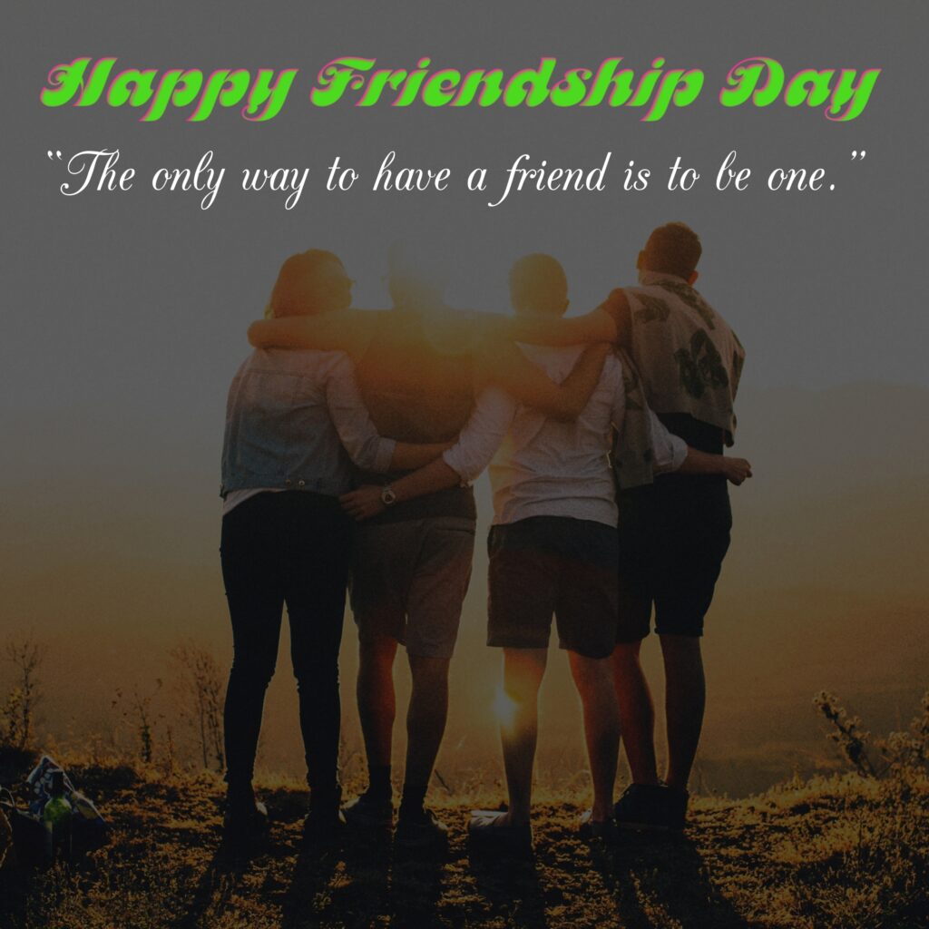 Four friends holding each other watching sunset, Friendship quotes | Happy Friendships Day.