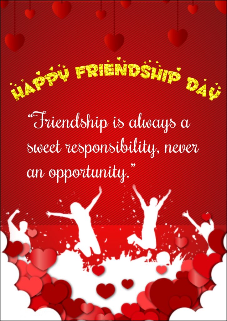 Friends jumping with Red hearts in background, Friendship quotes | Happy Friendships Day.