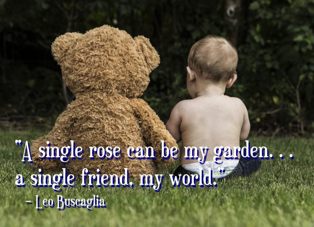 Boy sitting with teddy bear, Friendship quotes.