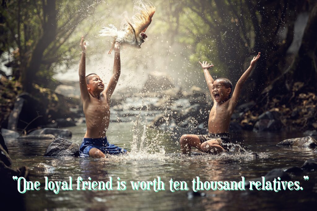 Two friends playing in water, Friendship quotes.