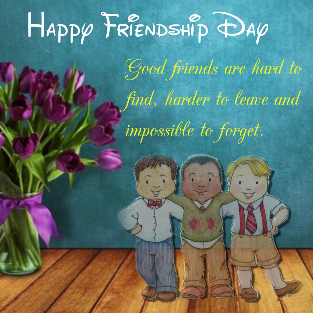 Images of three friends standing on wooden planks and tulip bunch in background, Friendship quotes | Happy Friendships Day.