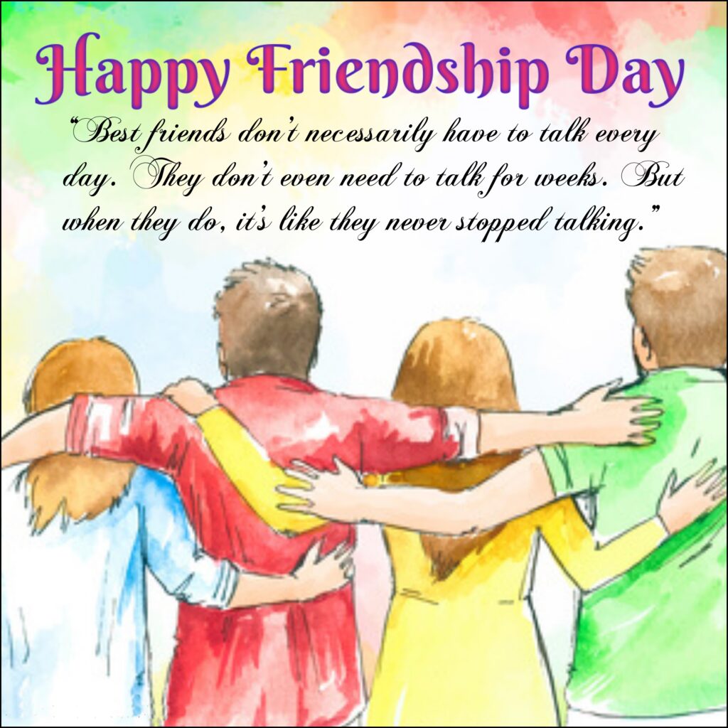 Painting of four friends holding each others shoulders, Friendship quotes | Happy Friendships Day.