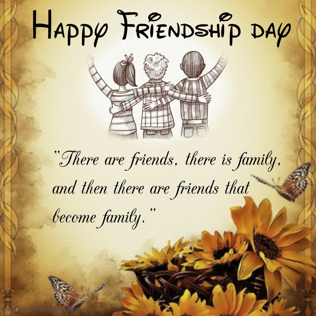 Three friends with sunflower basket and butterflies in background, Friendship quotes | Happy Friendships Day.