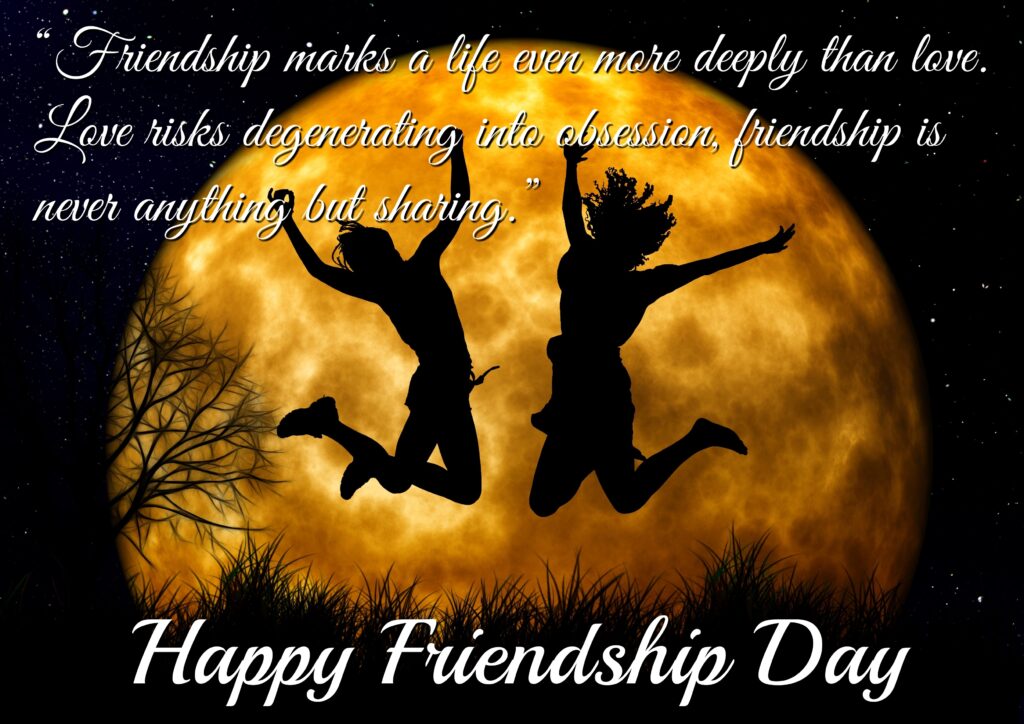 Two friends jumping with moon in background, Friendship quotes | Happy Friendships Day.