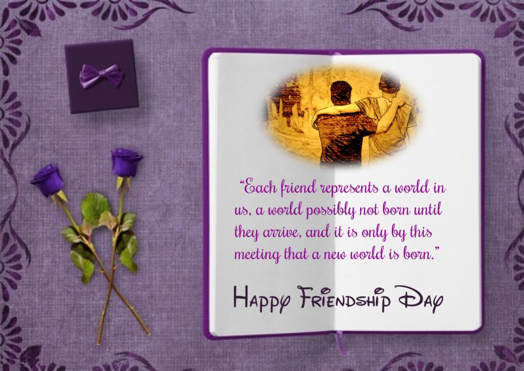 Two violate roses with friendship message on diary, Friendship quotes | Happy Friendships Day.