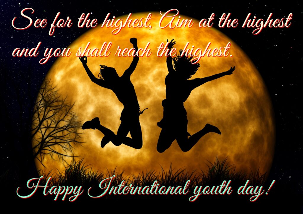 Two youths jumping in air with big moon in background, International youth day.