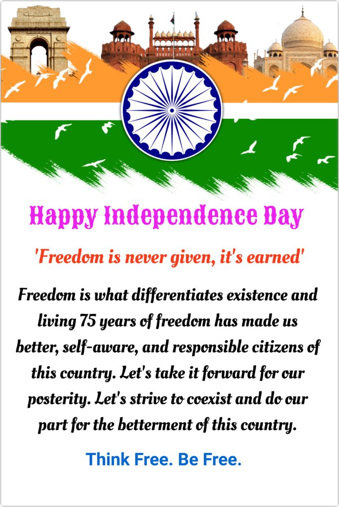 Image of India gate, Red fort and Taj mahal with Tricolour flag, Independence Day Quotes.