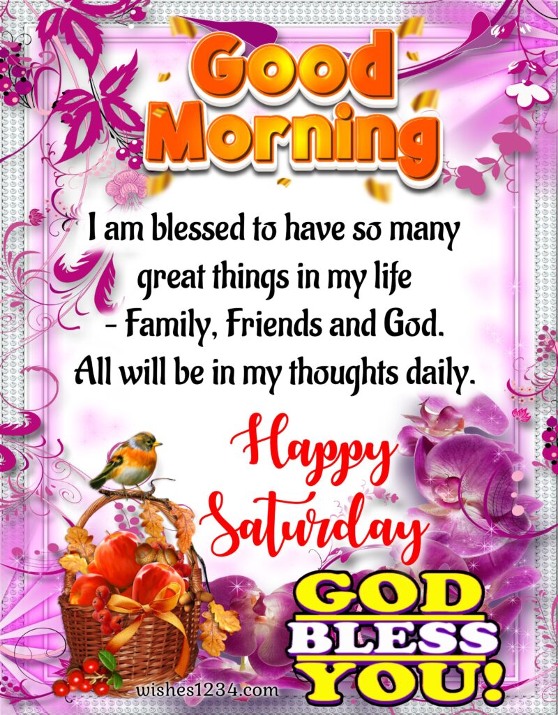 Saturday blessings quotes with image of purple flower background.
