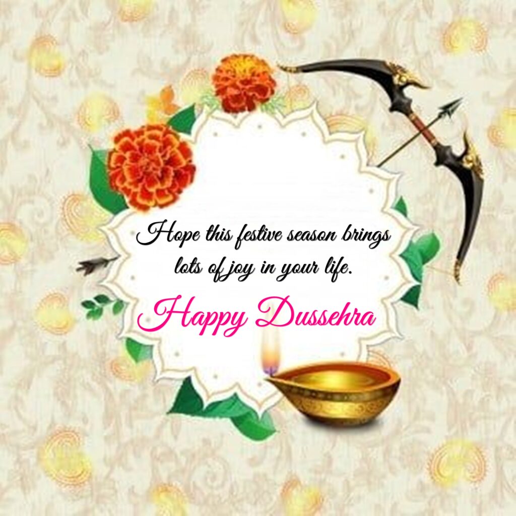 Bow with marigold flowers and lamp, Happy Dussehra and Vijayadashami.