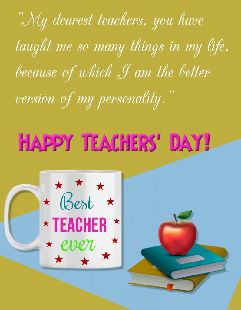 Cup and books with apple on it, Happy Teachers Day | Teachers day Quotes.