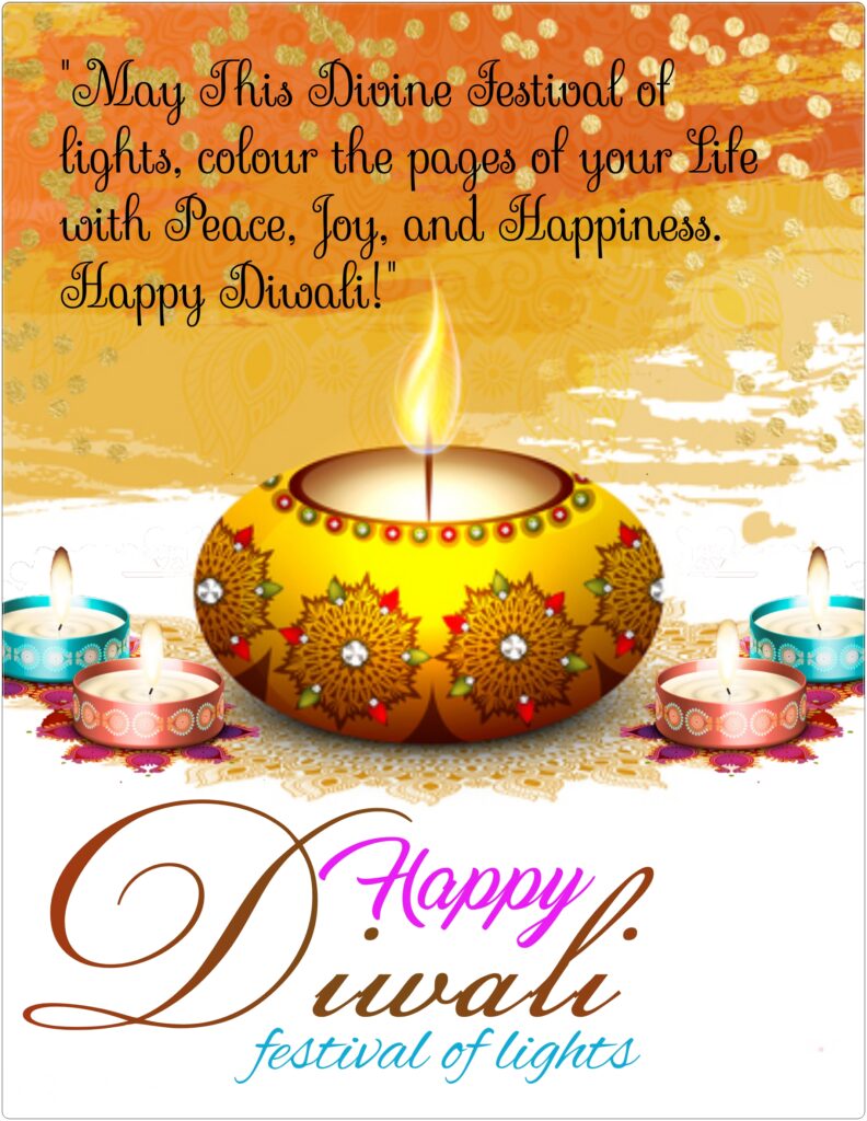 Four small candles and one big candle in colourful bowl, Happy Diwali | Diwali Wishes.