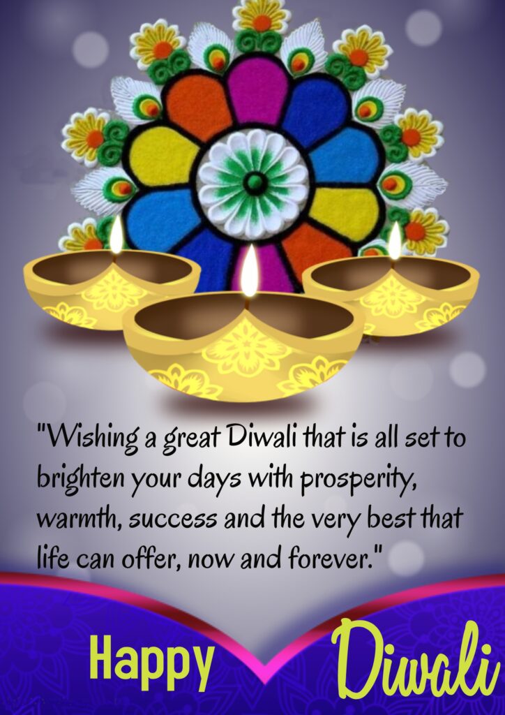 Colourful rangoli with three lamps, Happy Diwali | Diwali Wishes.