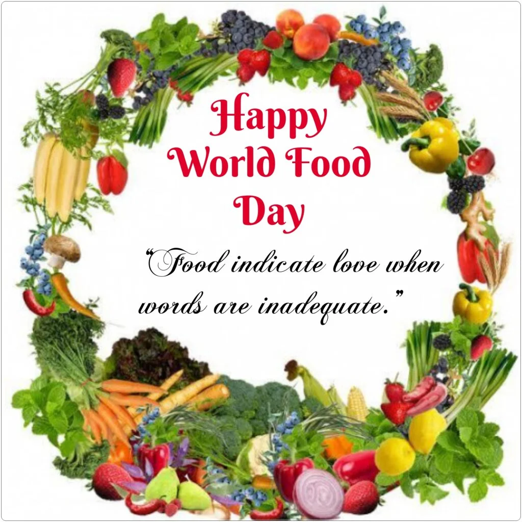 Fruits and vegitables assembled in garland shape, World food day | Quotes about Food.