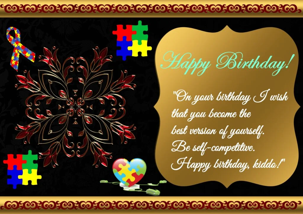 Greeting card with Golden border, Birthday wishes for kids with Special Needs, Autistic, Down Syndrome Child.