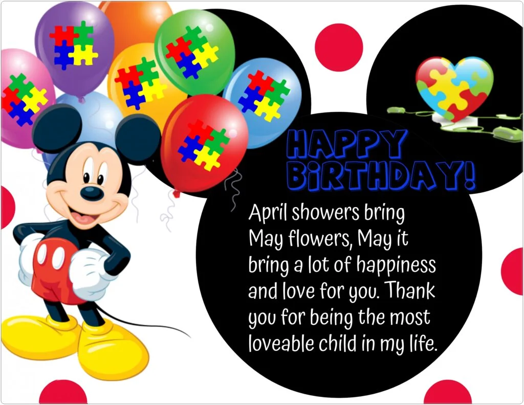 Mickey mouse with puzzle print on balloons, Birthday wishes for kids with Special Needs, Autistic, Down Syndrome Child.