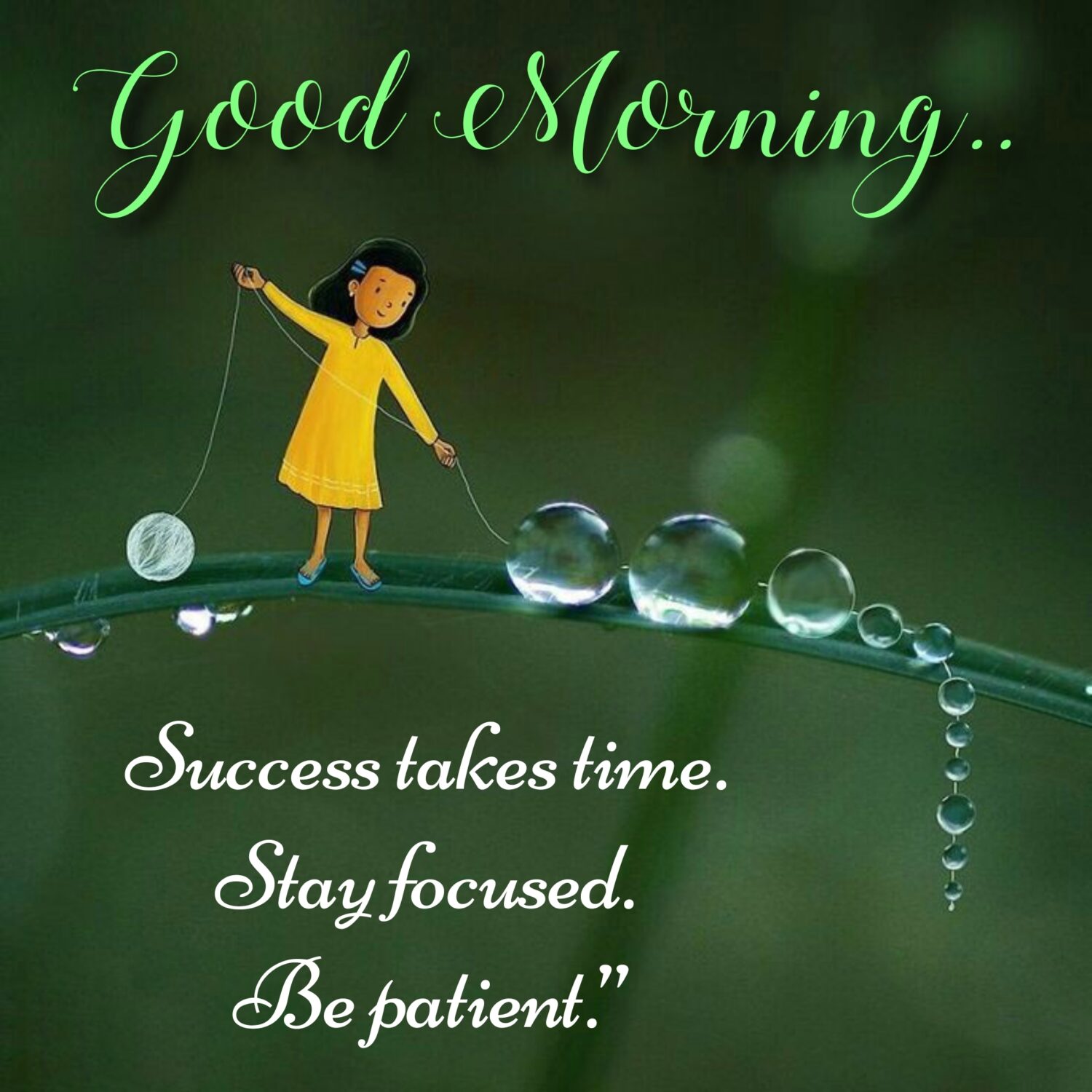 Miniature girl image standing on branch and preparing neckless from dew drops, Happy Thursday | Thursday Quotes.