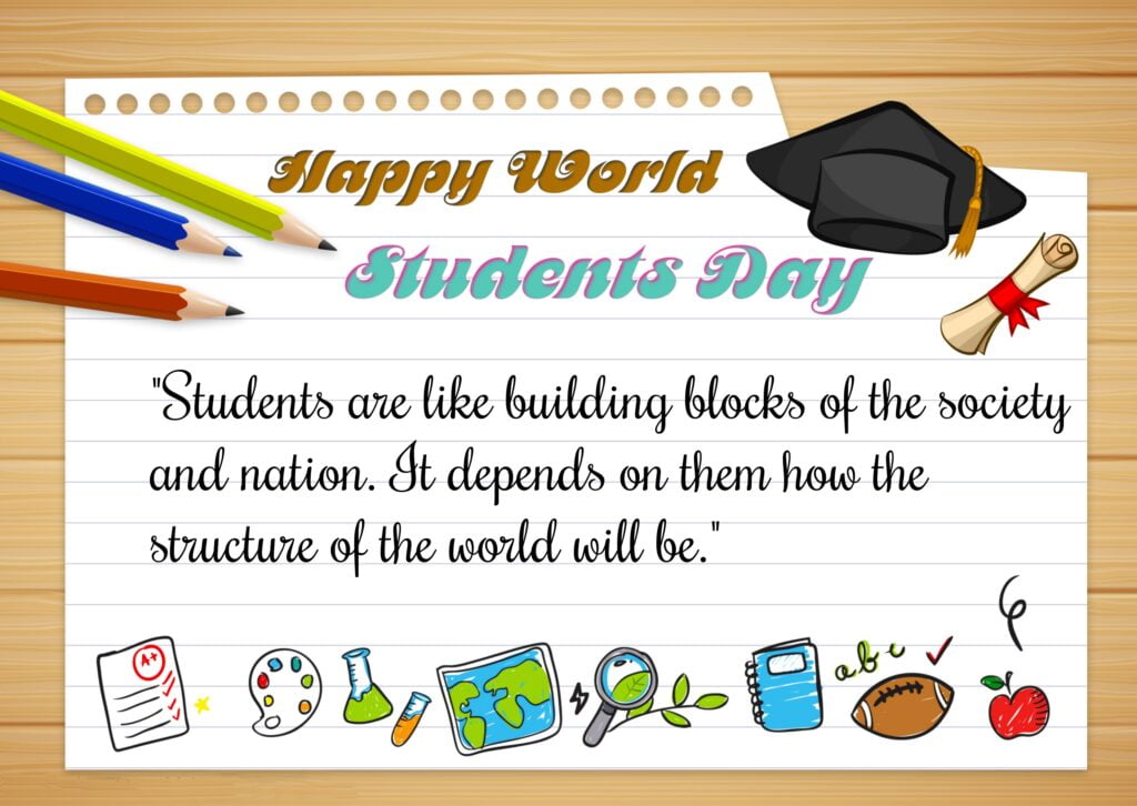 Note pad paper, pencils and graduation hat, World Students Day | Abdul Kalam Quotes.