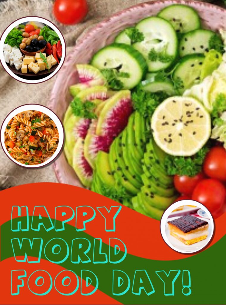 Sliced vegetables in basket with cake and spaghetti on table cloth, World food day | Quotes about Food.