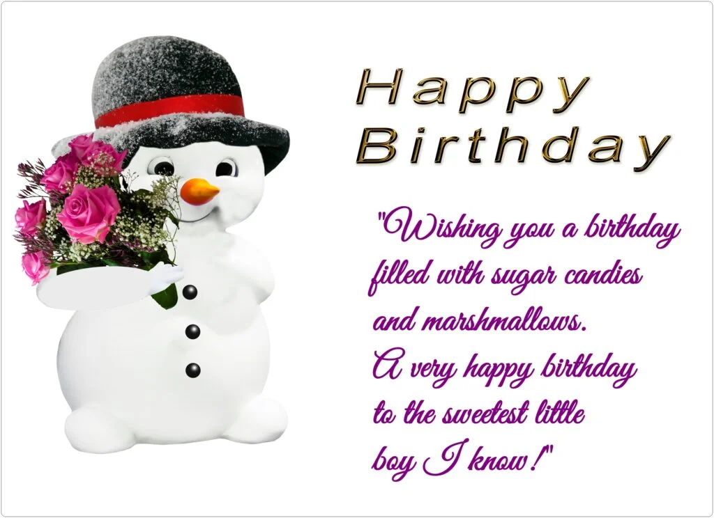 Snowman with flower bouquet in hand, Birthday wishes for kids with Special Needs, Autistic, Down Syndrome Child.