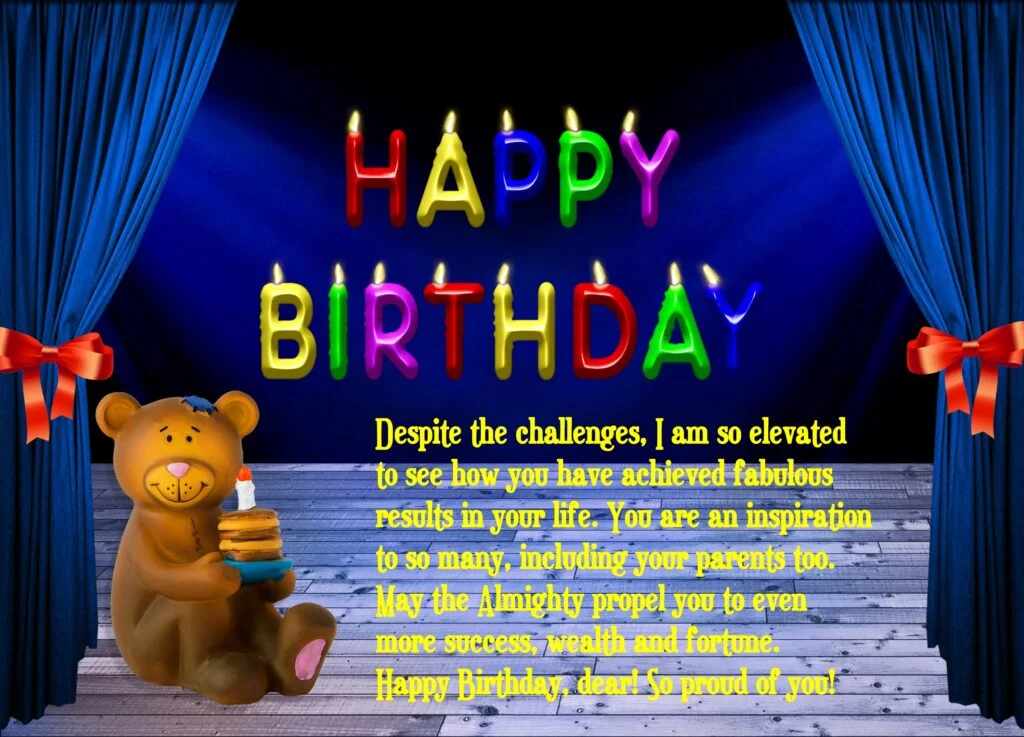 Teddy bear holding cake with blue curtains behind, Birthday wishes for kids with Special Needs, Autistic, Down Syndrome Child.