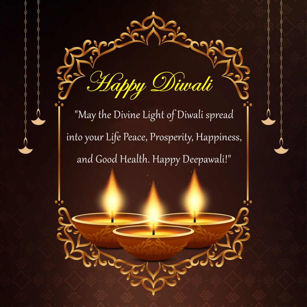 Three golden lamps with golden border, Happy Diwali | Diwali Wishes.