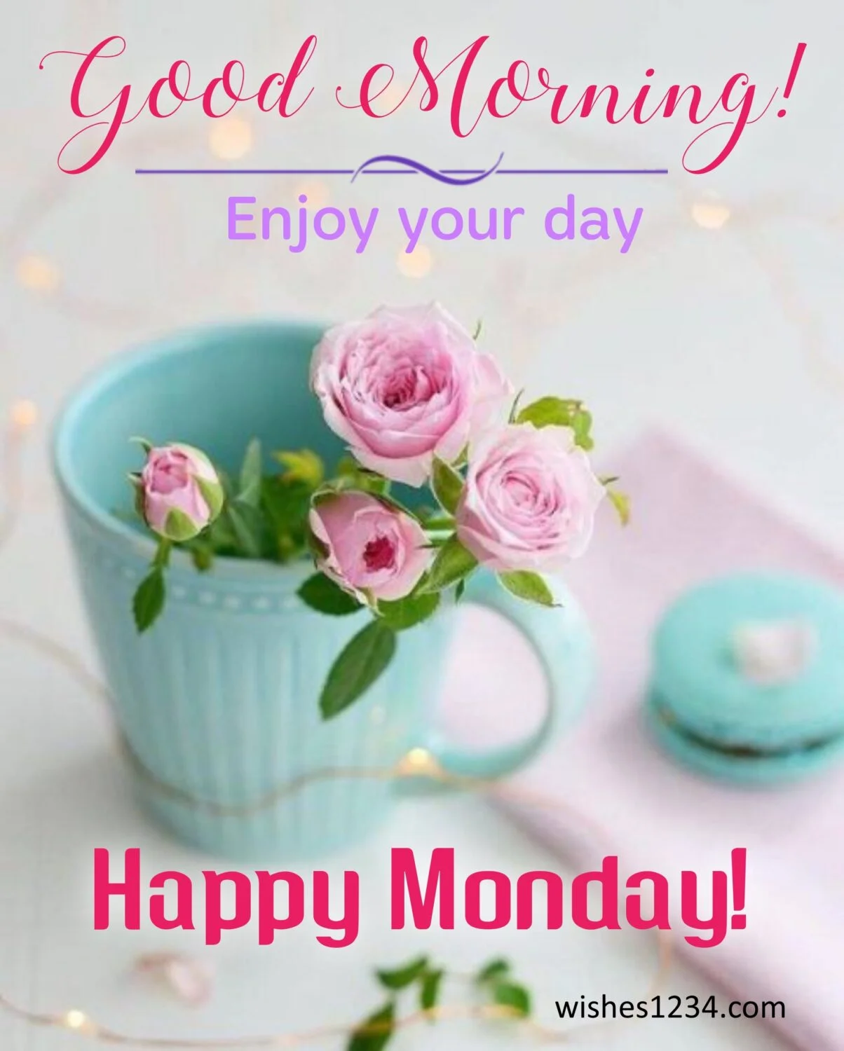 Pink roses in blue mug, Monday Quotes | Monday Motivation.