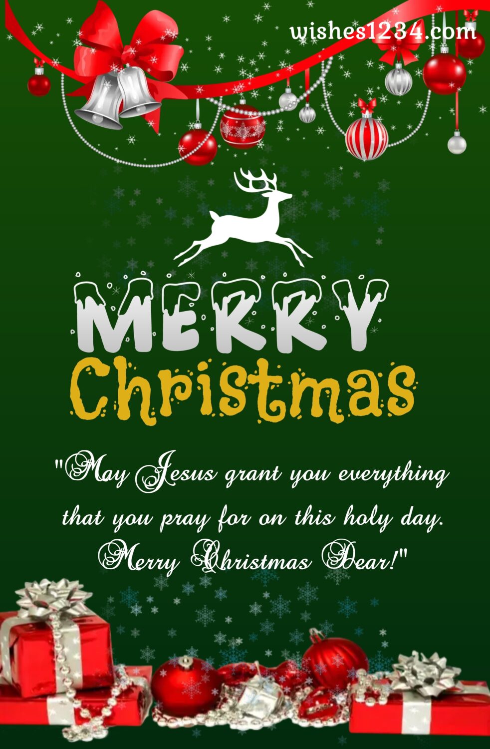Christmas bells with gift and deer running, Merry Christmas Quotes & short wishes.