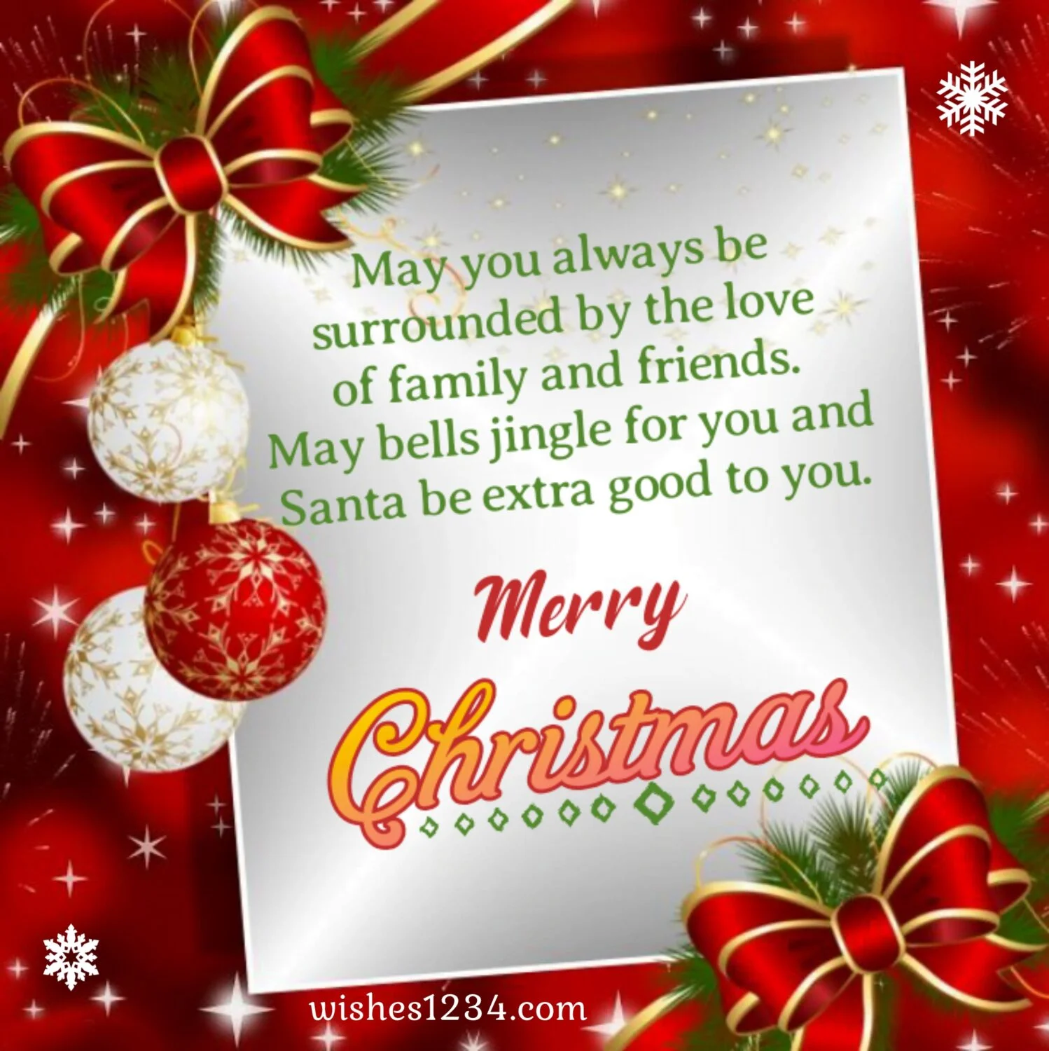 Christmas greetings with ribbon and balls, Merry Christmas Quotes & short wishes.
