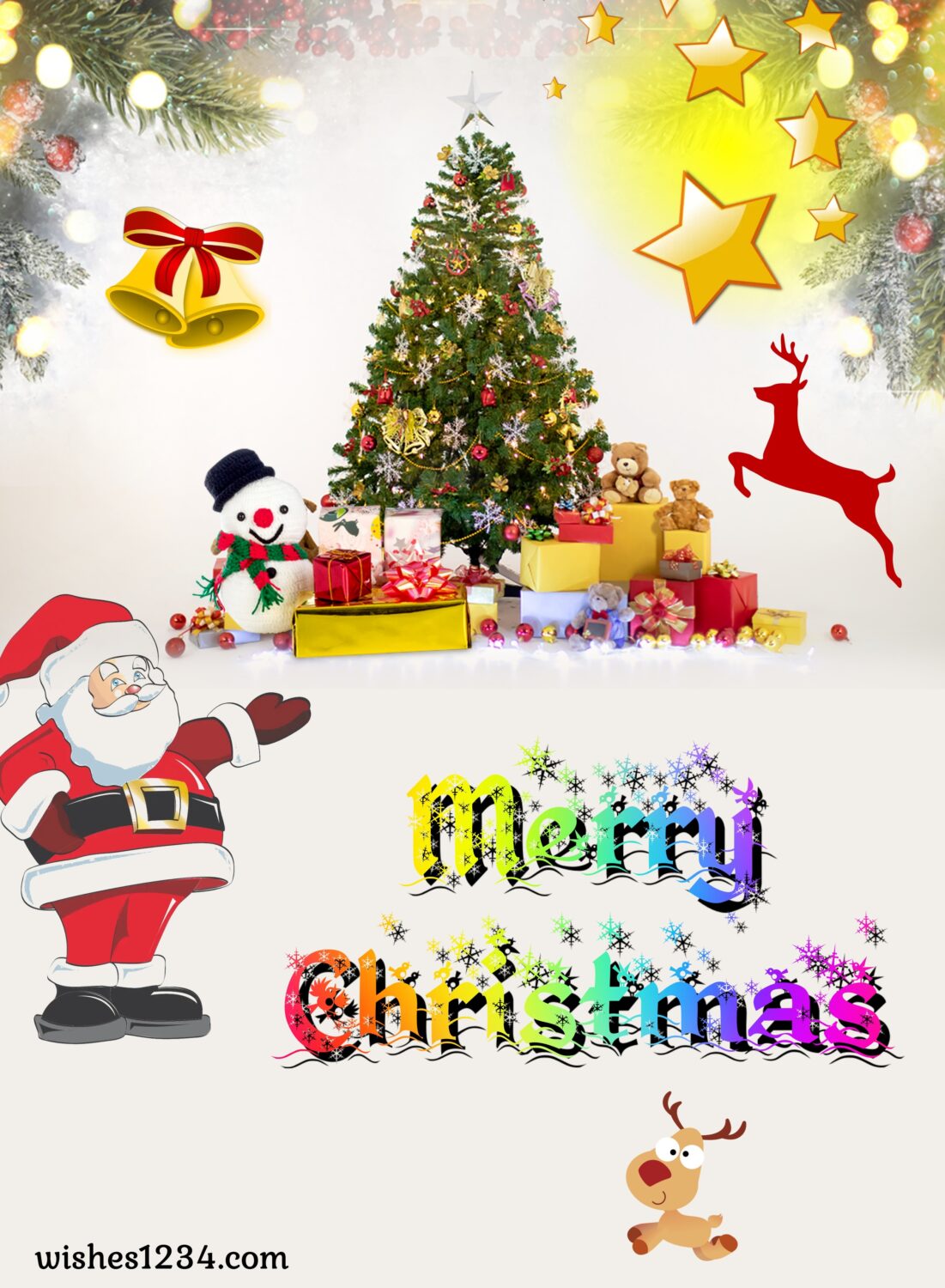 Christmas tree with Santa and gifts, Merry Christmas Quotes & short wishes.