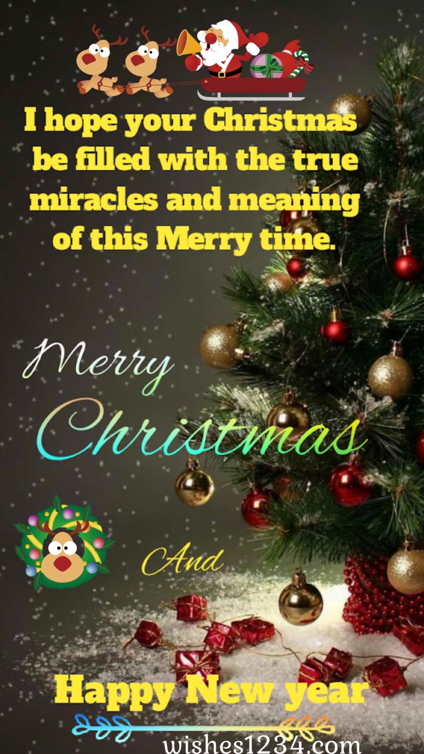 Decorated Christmas tree, Merry Christmas Quotes & short wishes.