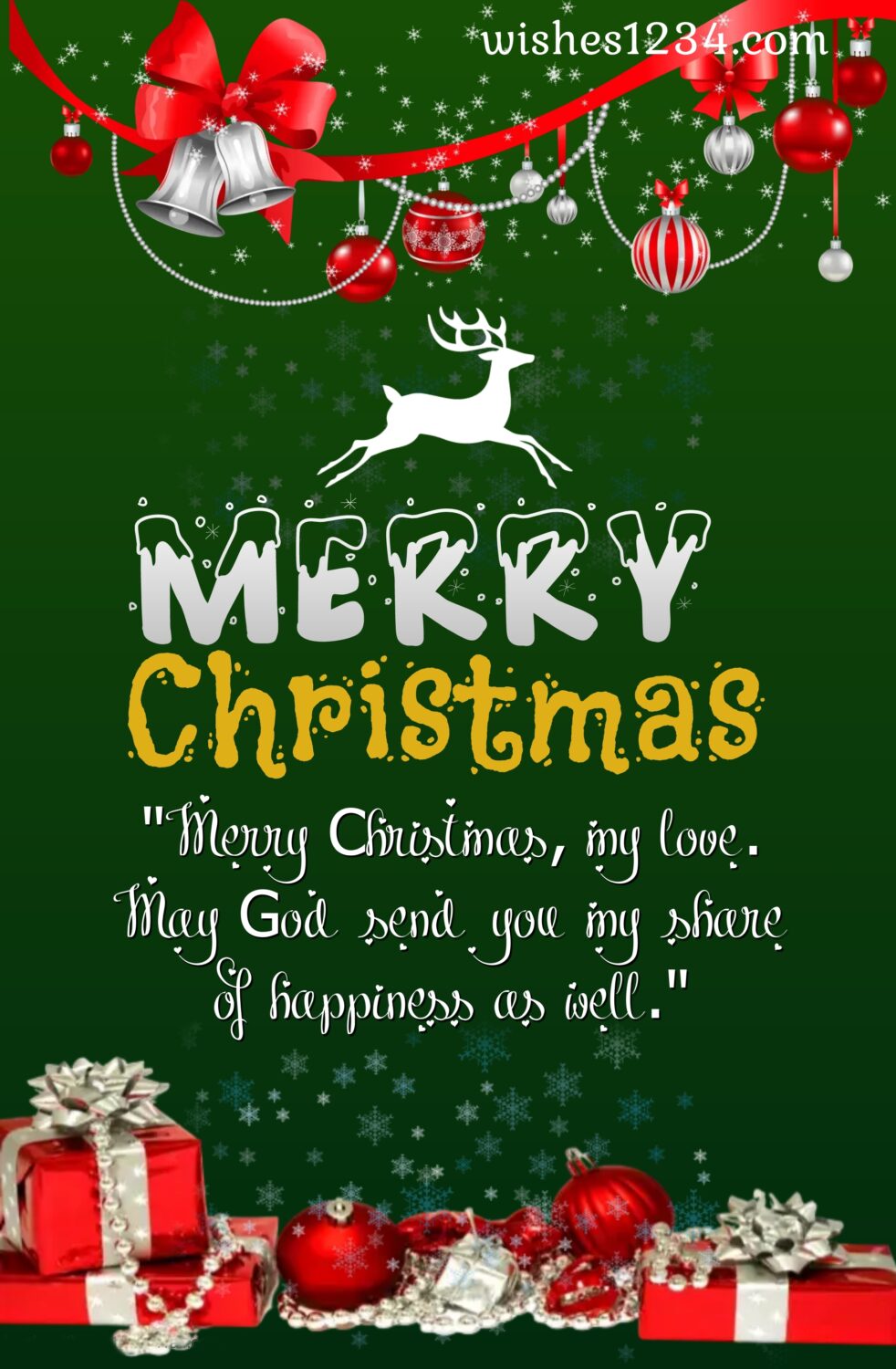 Reindeer with gifts, Merry Christmas Quotes & short wishes.