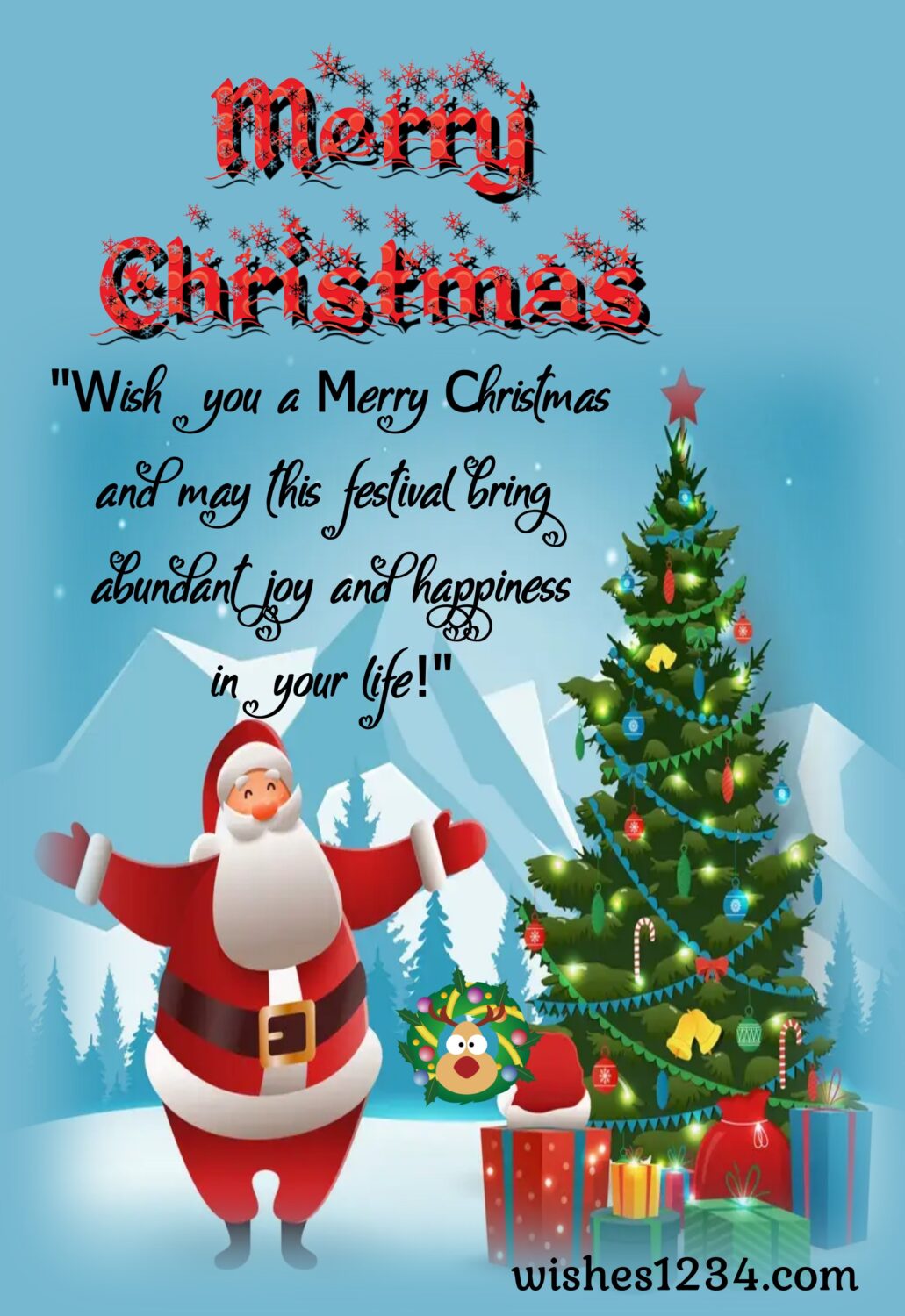 Santa with christmas tree and gifts, Merry Christmas Quotes & short wishes.